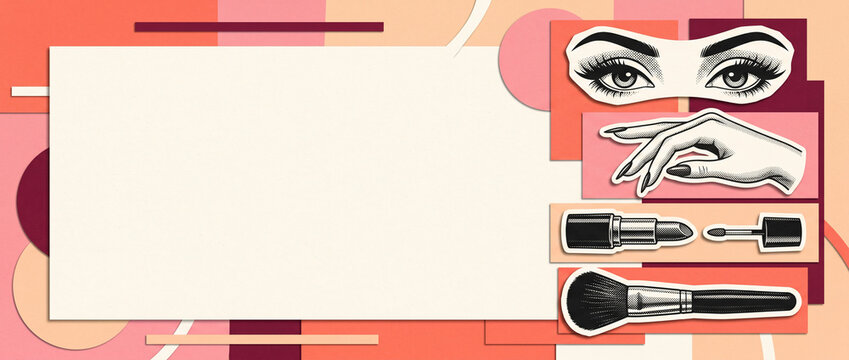 Retro collage style Beauty and makeup banner template with cosmetic products and blank space for text on abstract paper cut background with colorful elements with copyspace for text