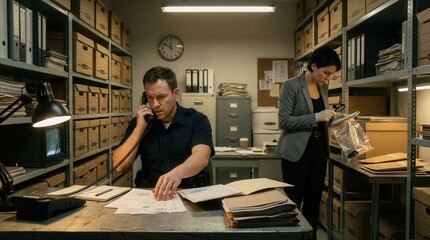 Fototapeta premium Detectives in Archive Room Reviewing Evidence and Making Phone Call
