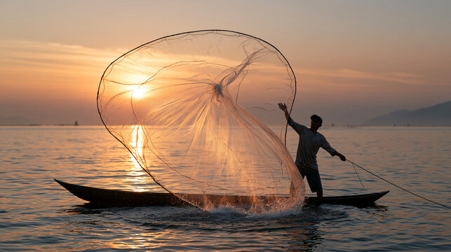 Indonesian fisherman casting a circular throw net from a narrow wooden boat at sunrise, lake surface lit in amber, silhouette composition, traditional livelihood, aquaculture,
