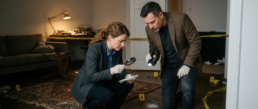 Detectives Examining Crime Scene Evidence with Magnifying Glass and Flashlight Forensic Investigation