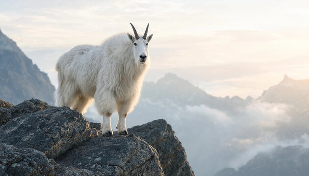 Mountain Goat On Rocky Peak At Sunrise In Misty Alpine Mountains

