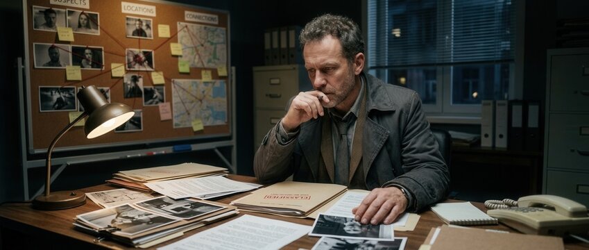 Detective working late at his desk examining evidence and a crime board with photos and maps in a dimly lit office