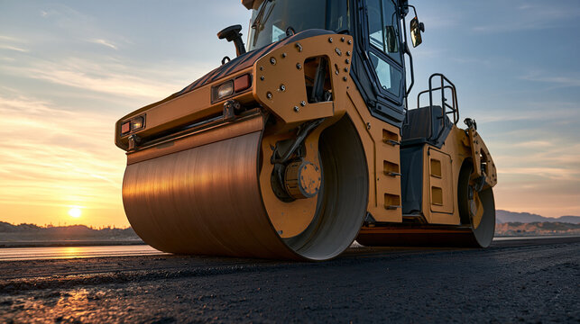 A heavy construction steamroller compacts fresh asphalt on a road during a golden hour sunset. This image represents infrastructure development and civil engineering projects.