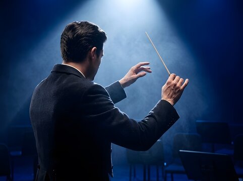 Male orchestra conductor leads a performance under a spotlight