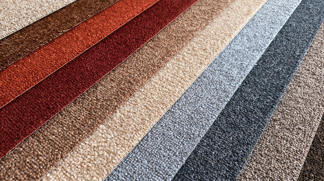 A vibrant collection of multi-colored carpet samples lined up diagonally. This image is perfect for interior design, home improvement, and flooring renovation concepts.