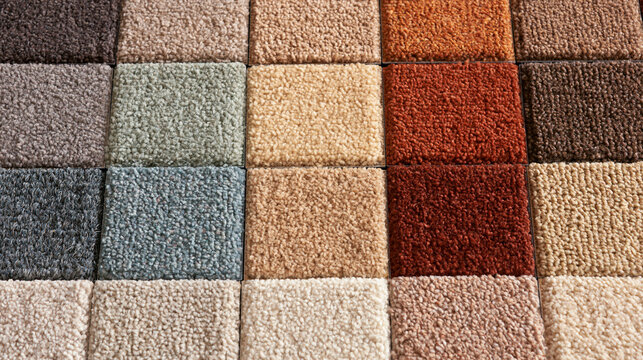 A collection of square carpet tile samples featuring a vibrant range of textures and colors arranged in a grid. This image represents modern interior design concepts.