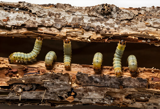 Biodiversity and ecosystem health, group of pine sawfly larvae crawling on a decaying wooden log in a forest environment for nature conservation research