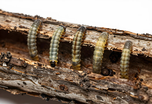 Pest control and forest health wood boring larvae damaging tree bark and timber infestation and entomology research nature and biology macro study