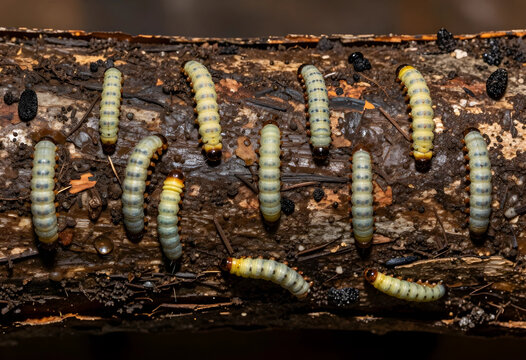 Pest control and forest health, group of wood boring larvae crawling on a decaying tree branch in nature, entomology and biology research