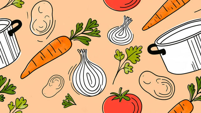 Seamless pattern featuring a drawn cooking pot and various vegetables, watercolor illustration.