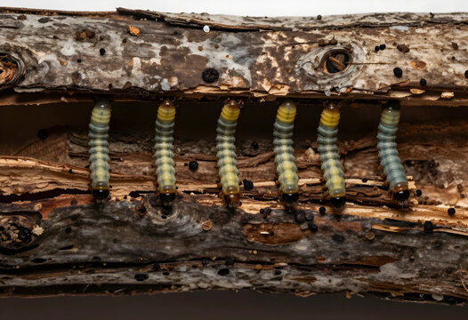 Biodiversity and forest health, group of sawfly larvae feeding on decaying wood in a natural ecosystem, entomology and wildlife biology research study