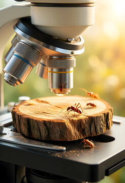 Entomology research and pest control, ants on wood sample under laboratory microscope for scientific study of insect behavior and forest ecosystem health