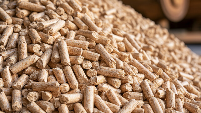 A massive pile of light brown wood pellets is ready for use as biomass fuel in an industrial setting. This image represents renewable energy or sustainable heating concepts.