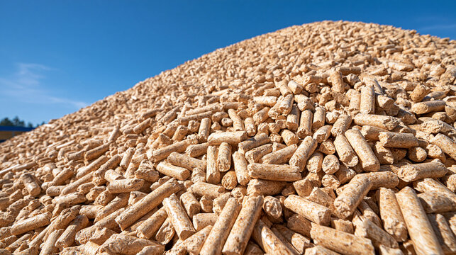 A vast outdoor pile of wood pellets is brightly lit under a clear blue sky. This represents sustainable energy, biofuel production, and eco-friendly heating solutions.
