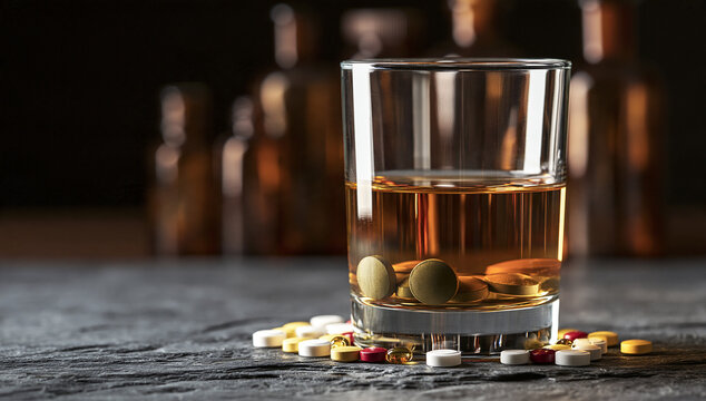 A glass of amber liquid with pills inside and scattered around it on a dark surface. This visually depicts drug and alcohol abuse or medication misuse.