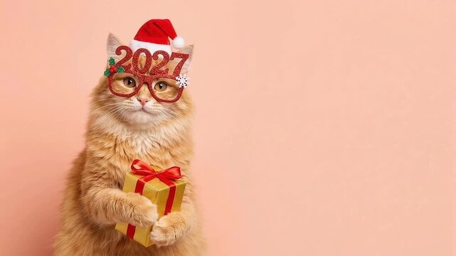 Cute orange cat wearing 2027 glasses and Santa hat holding a gold gift box, happy new year celebration landscape video footage with copy space.