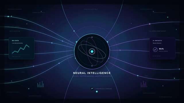 Central AI core processing unit with data input and intelligence output, illustrating artificial intelligence and network connections.