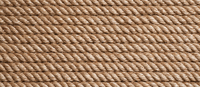 Close-up of thick brown rustic ropes arranged in parallel lines creates a durable texture. This pattern is ideal for maritime or industrial design projects.