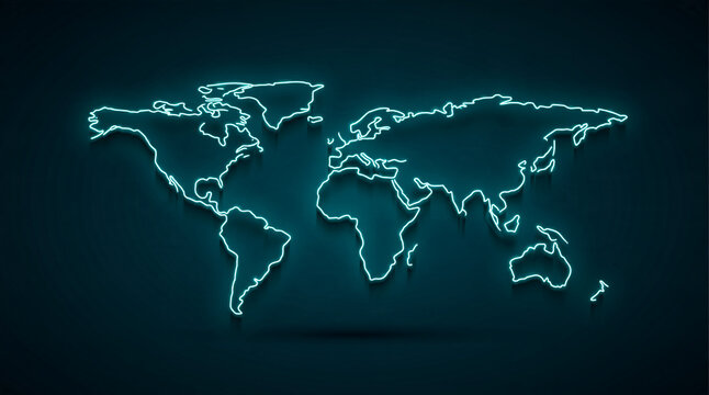 A glowing blue neon outline of the world map casts a subtle shadow on a dark background. Represents global connection, international business, and digital network concepts.