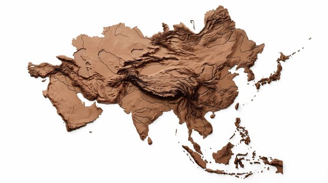 3D Topographic Relief Map of Asia with Mountain Ranges and Elevation Isolated on White Background