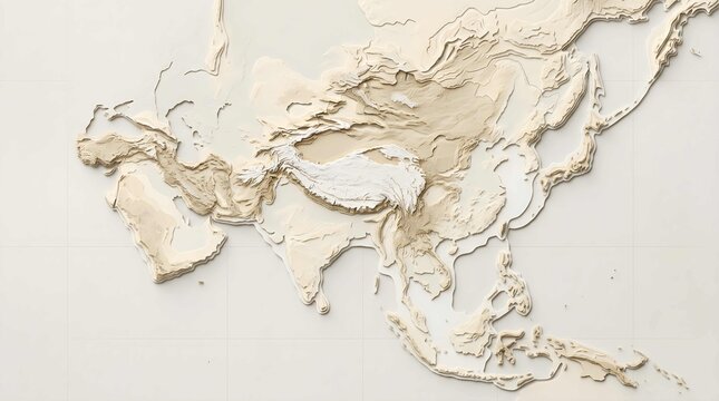 Minimalist 3D Topographic Relief Map of Asia with Layered Paper Cut Elevation Contours