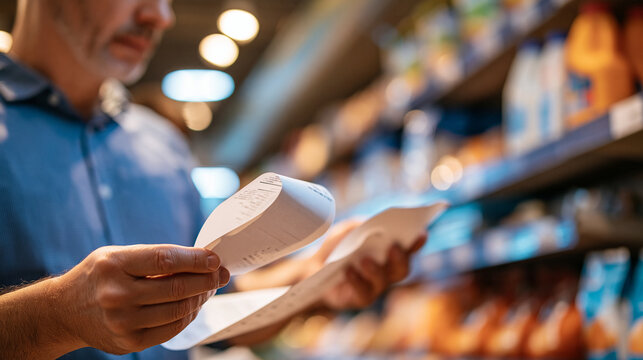 Faceless man looking shocked while reading a long grocery receipt in a supermarket, rising food prices and inflation concept, with copy space