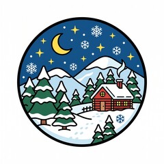 Obraz premium A cozy log cabin nestled in a snowy mountain forest under a starry night sky with a crescent moon, framed in a circular vector emblem design.