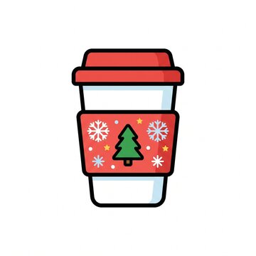 A festive Christmas coffee cup icon with a red lid, featuring snowflakes and a green pine tree on a red sleeve.