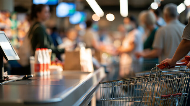 Long queue of faceless customers with shopping carts waiting at a checkout line in a large supermarket, with copy space