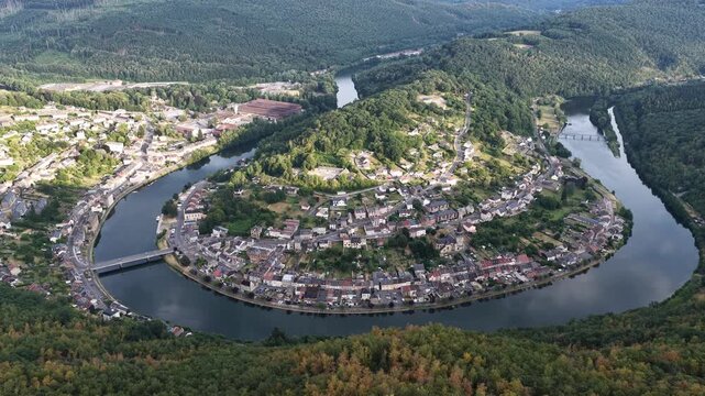 Aerial view of the Meuse river meander in the French Ardennes forest landscape