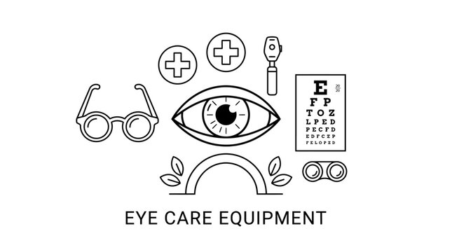 : Very beautiful black and white realistic vector illustration of a human eye surrounded by prescription glasses, contact lenses, eye chart and medical symbols, EYE CARE EQUIPMENT, clean flat outlines