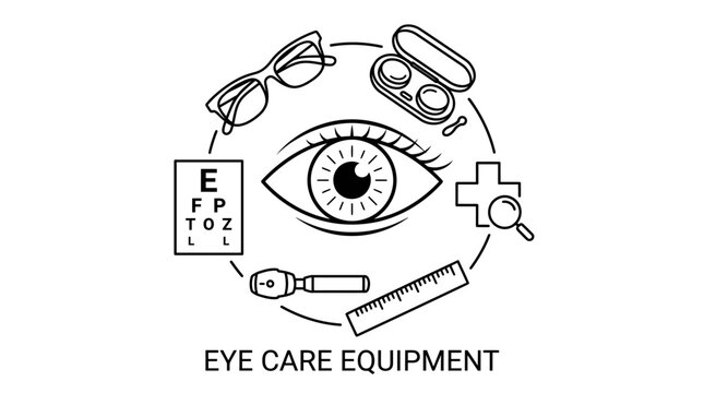 : Very beautiful black and white realistic vector illustration of a human eye surrounded by prescription glasses, contact lenses, eye chart and medical symbols, EYE CARE EQUIPMENT, clean flat outlines
