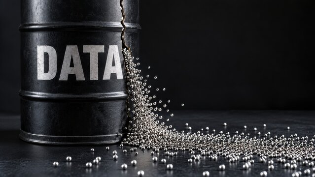 Leaking Data Barrel with Silver Metal Balls Spilling Out