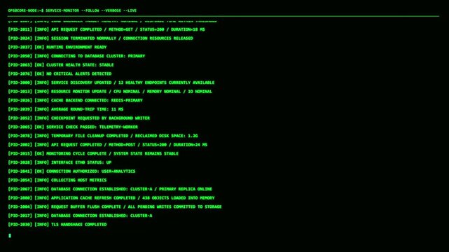 Computer terminal interface displaying system monitoring data server status information technical logs changing diagnostic values. status indicators suitable for IT infrastructure, network operations,