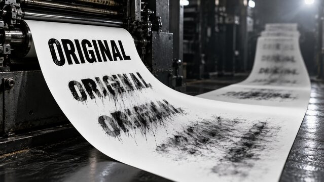 Old printing press producing smudged original text on paper