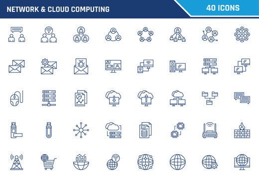 Network and cloud computing vector icon set featuring technology symbols for modern digital web design
