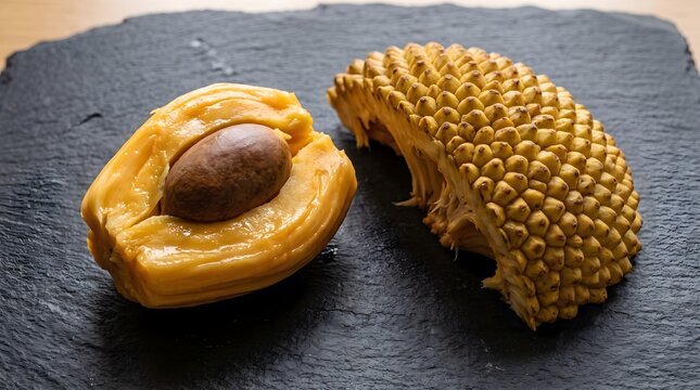 Cempedak fruit segment with exposed seed on slate