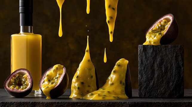 Passionate chef drizzling passion fruit sauce on dark chocolate bar