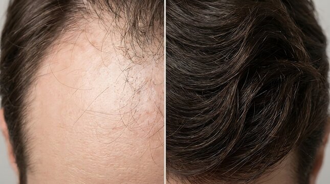 Comparative view of a human scalp demonstrating hair thinning and hair loss alongside healthy hair growth and dense follicles.