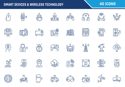Comprehensive collection of smart devices and wireless technology vector line icons for modern digital communication solutions