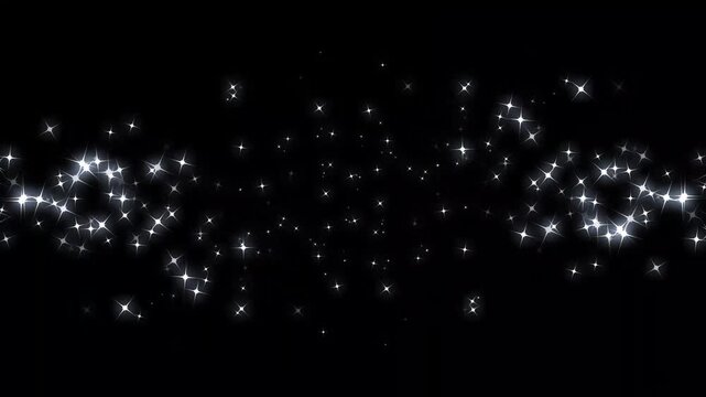White glowing glitter particle trail with magic, and twinkle sparkle stars animation, sparkle abstract glow shimmer, curved stars motion, star sparkle vector doodles, on black screen. 4k for video