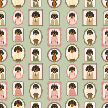 Seamless pattern with cartoon dachshund portraits in vintage frames on green. Cute dog family vector gallery wallpaper.