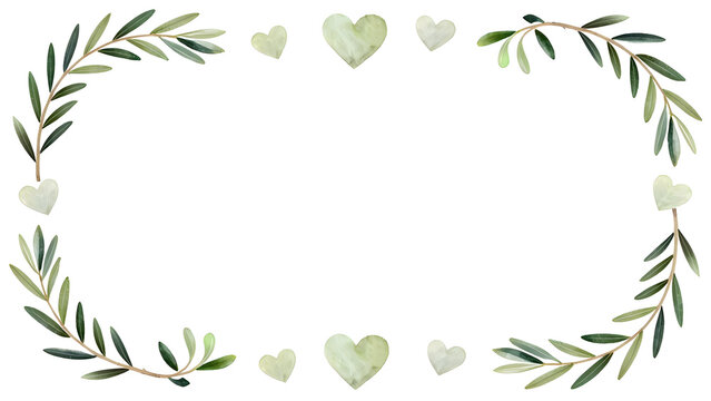 Watercolor olive branch wreath frame with subtle hearts representing peace love hope harmony wedding invitation border and botanical foliage concept vector illustration
