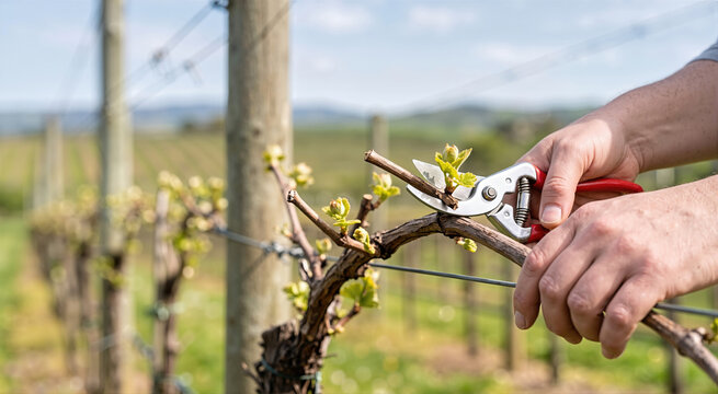 Hands pruning grapevines with silver and red shears. Close up of viticulture work in a sunny vineyard