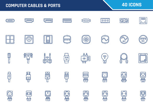Computer cables and ports vector graphic illustration featuring forty linear symbols for hardware setup