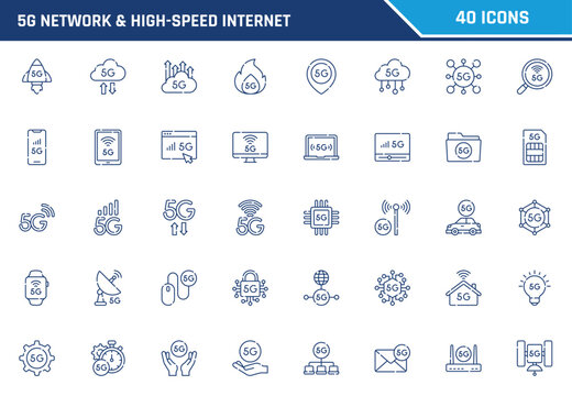 Comprehensive vector illustration collection showcasing forty modern blue line art icons representing fast communication technology