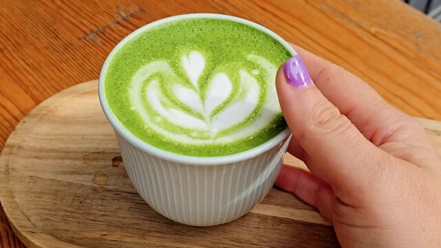 Close-up of a vibrant green matcha latte with delicate white leaf-shaped latte art, held by a woman's hand above a wooden tray, highlighting the creamy texture and elegant cafe presentation