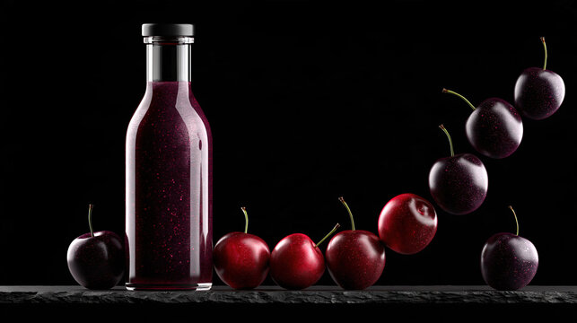 Glass bottle of dark red liquid with floating cherries