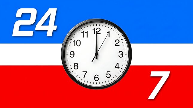 Round wall clock showing twelve oclock positioned against a tricolor blue, white, and red background with numbers twenty four and seven.