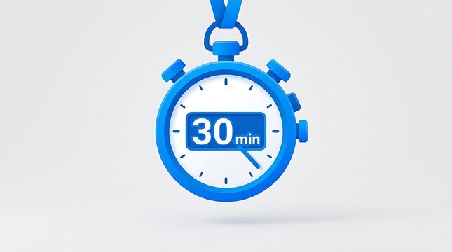 A 3D render of a blue stopwatch clock showing a thirty minutes timer against a clean light background.